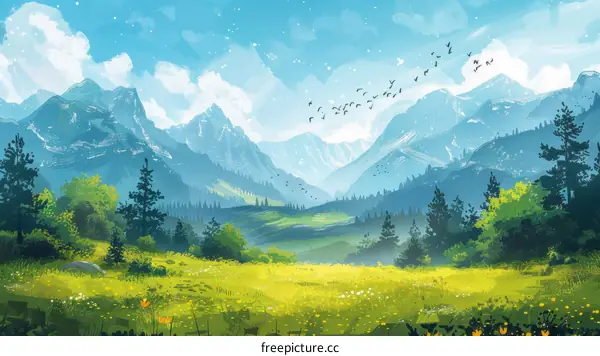 Tranquil Mountain Valley Landscape with Rolling Green Hills