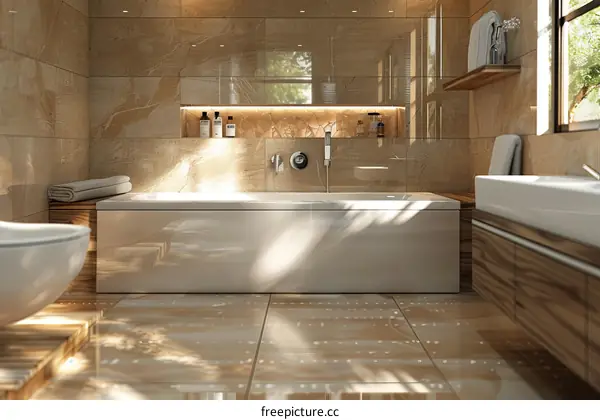 Bathroom interior with natural marble tiles and wooden elements