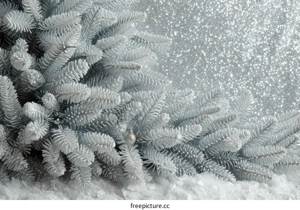 Blue spruce branches with silver Christmas ball on snow background