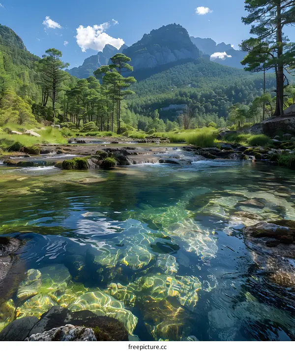 clear mountain river in valley with green trees and rocks in foreground