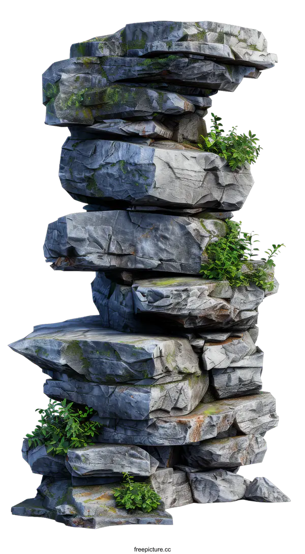 [Transparent Background PNG]Stack of Rocks with Moss and Plants