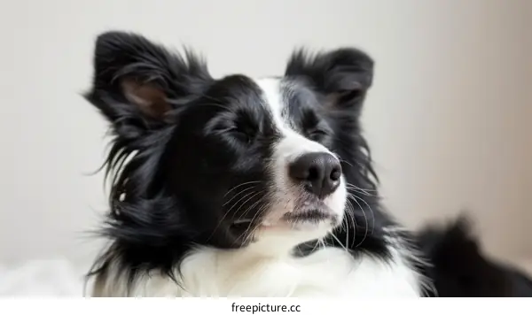 A black and white border collie dog is closing its eyes and enjoying the sun