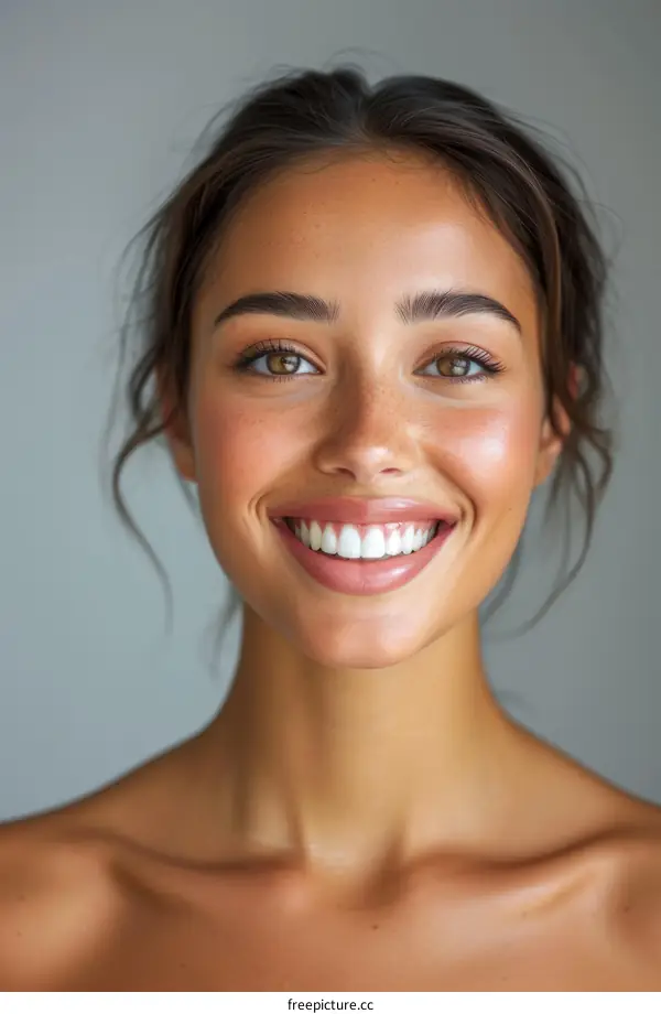 Portrait of a smiling young woman with brown hair and brown eyes