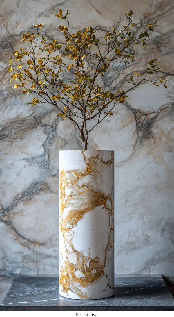 Marble Cylinder Vase with Golden Veins