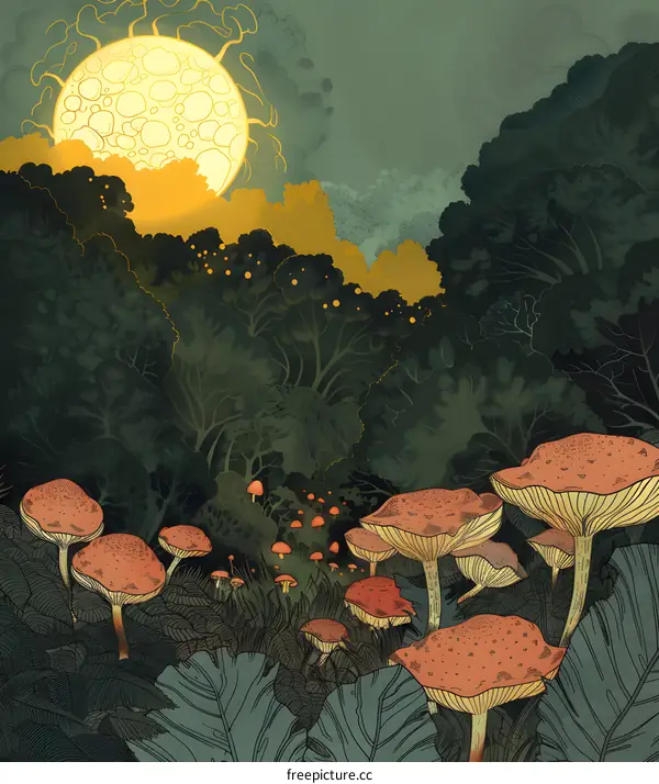 Forest Night Scene With Mushrooms