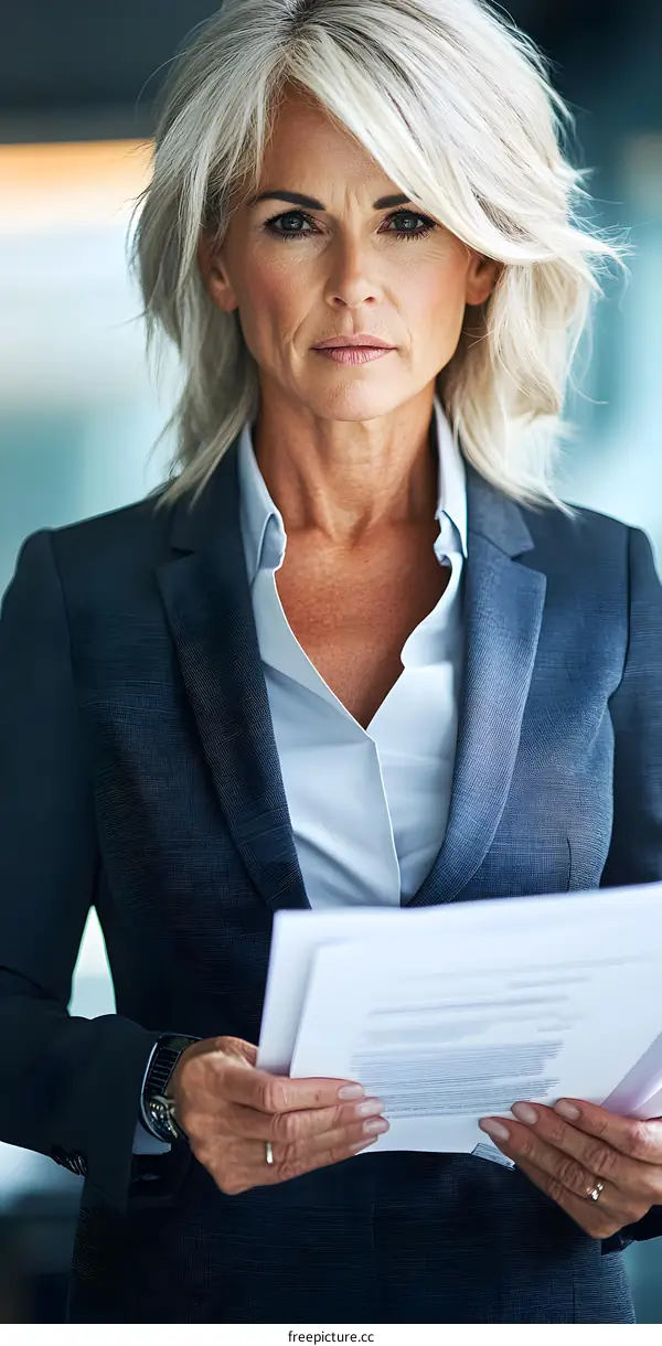 Businesswoman Holding Documents, Confident and Focused
