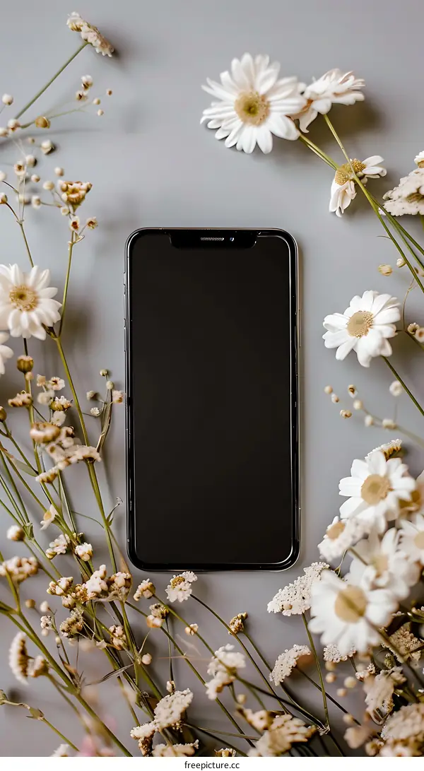 Black Smartphone Screen Surrounded by White Daisies on a Gray Background