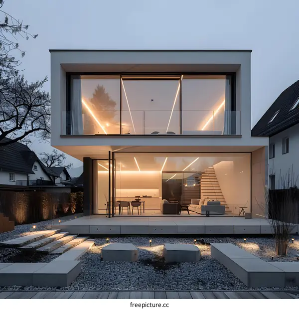 Modern Architecture Design with Large Windows and Illuminated Garden