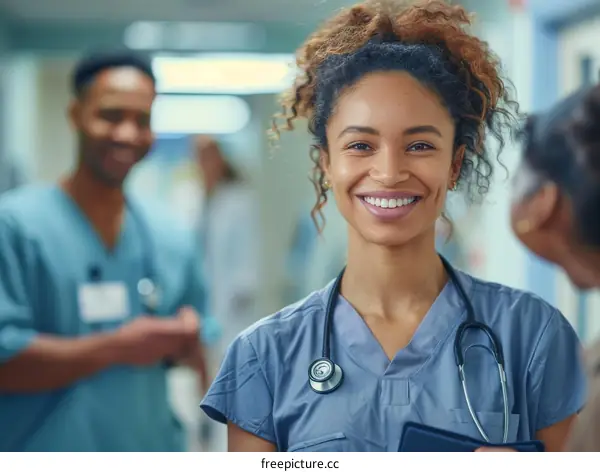 Portrait of a smiling young female doctor or nurse in a hospital setting