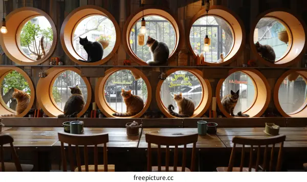 Cats in the cafe are watching the view outside the window