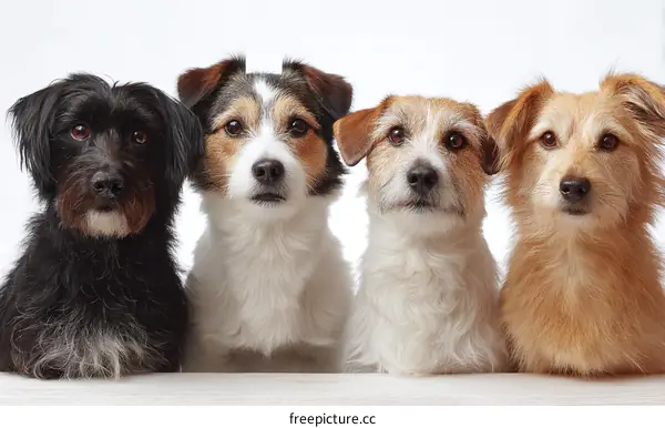 Four Dogs Posing in Front of a White Background