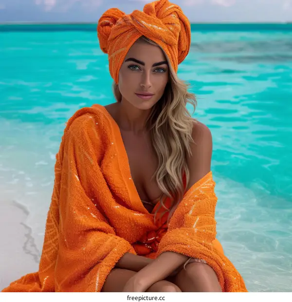 A woman in an orange towel is sitting on a beach with the ocean behind her