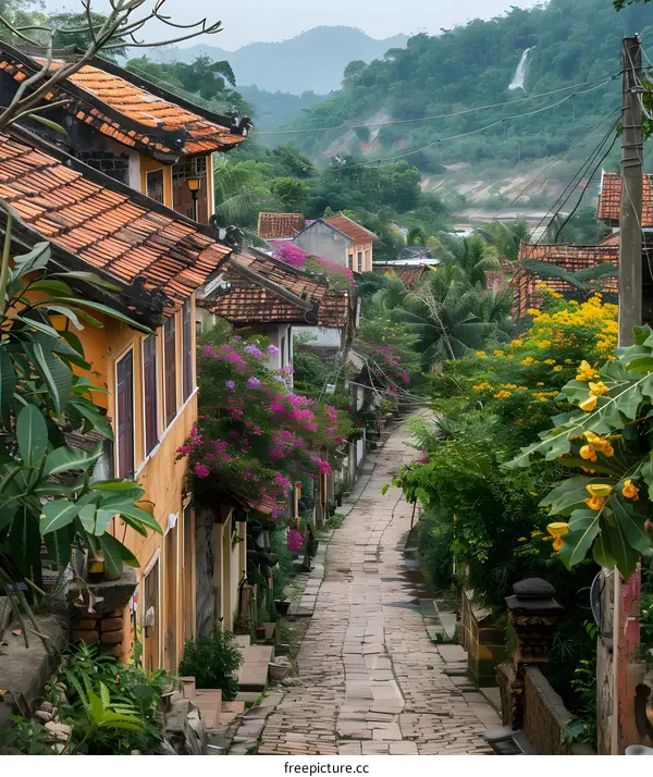 Small alley with colorful houses and trees