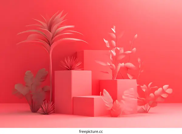 Minimalist 3D Illustration of Tropical Plants with Pink Background