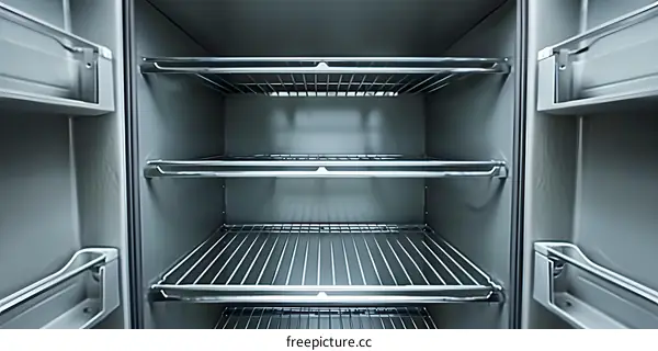 Empty Open Refrigerator With Wire Shelves