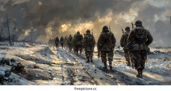 A group of soldiers walking through a snowy field during the Korean War