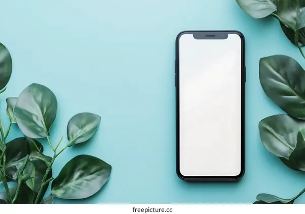 Blank Smartphone Screen Mockup with Green Leaves on Blue Background