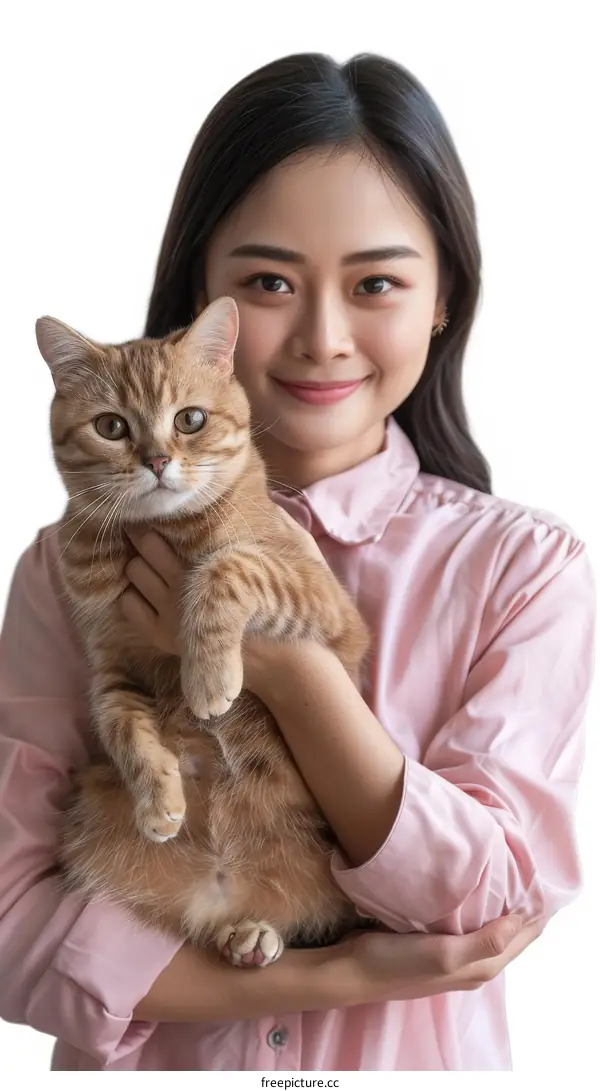 Asian woman hugging a ginger cat