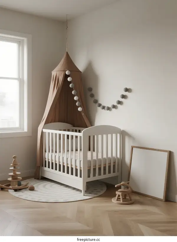A white baby crib with a brown canopy in a bright room