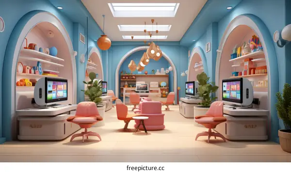 Modern Office Space with Pink Chairs and Blue Walls