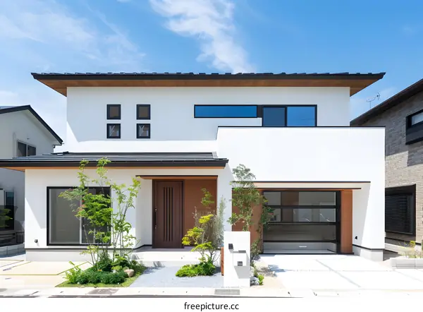Modern White House Exterior With Green Plants