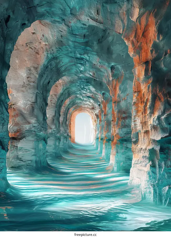 Mystical Cave Entrance with Glowing Blue Water