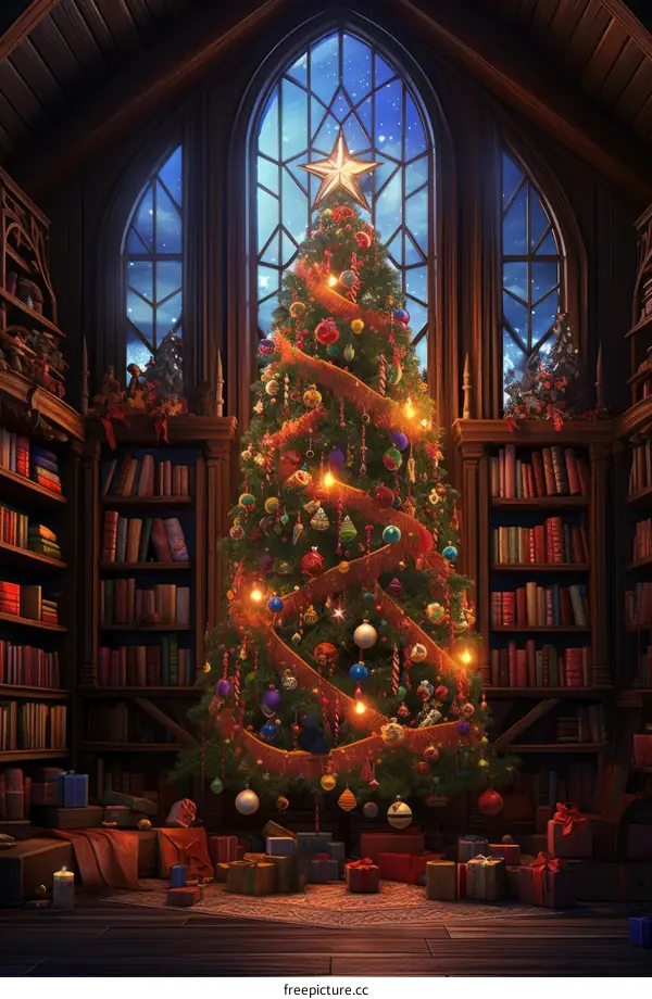 A Christmas tree in a library