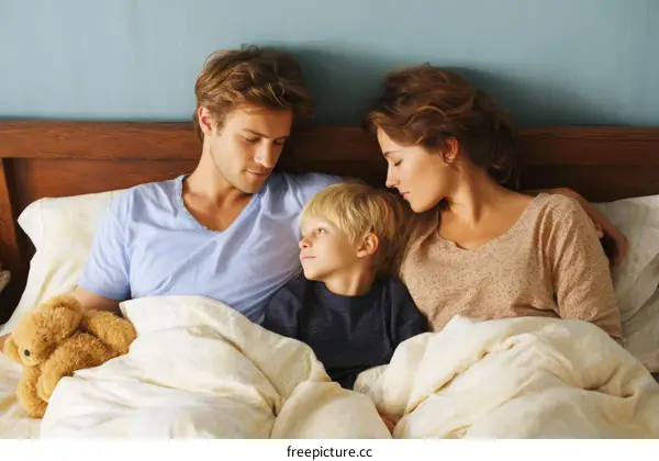 Family Comforting Child in Bed