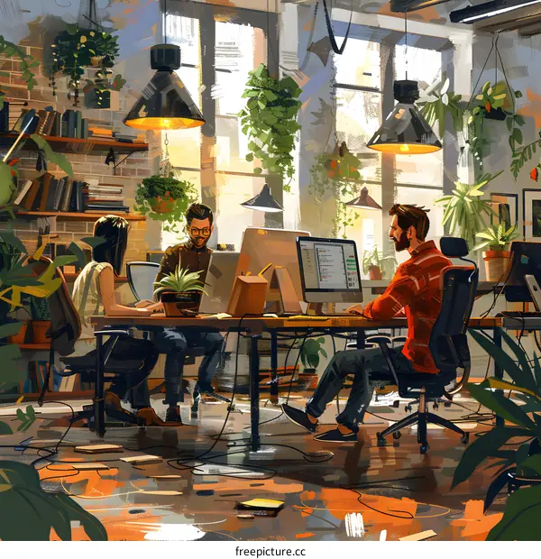 Three people working in a creative office space
