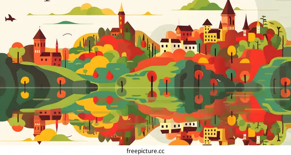 Autumn Landscape with Town Reflection in Water