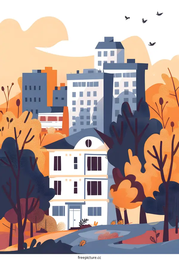 Autumn Scene with Buildings and Trees