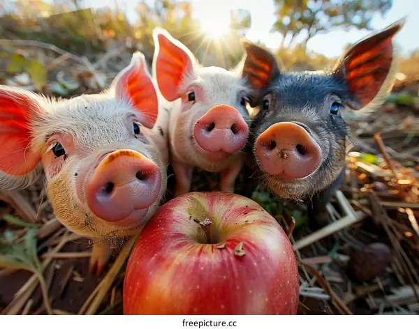 Three little pigs looking at an apple