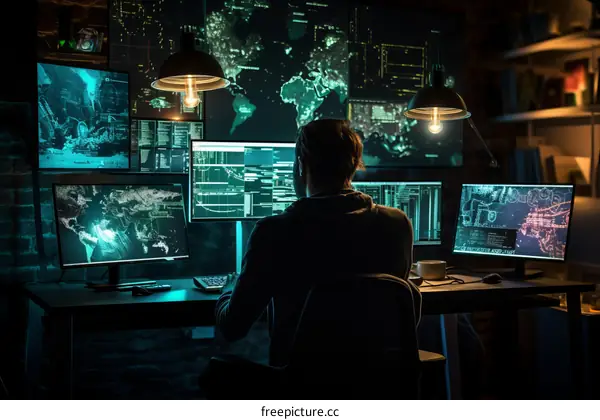 A hacker in a dark room surrounded by computers and screens