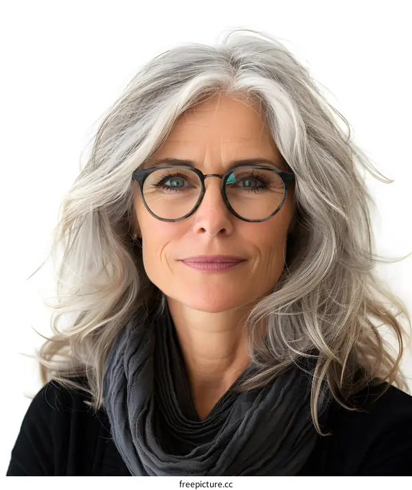 portrait of a middle aged woman with grey hair and glasses