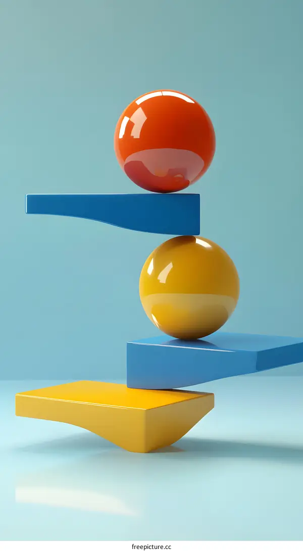 Abstract 3D Rendered Geometric Shapes With Blue and Yellow Platforms and Orange Sphere