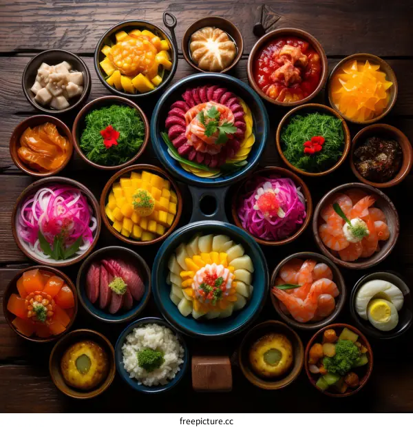 Variety of Colorful Food Bowls on Wooden Table