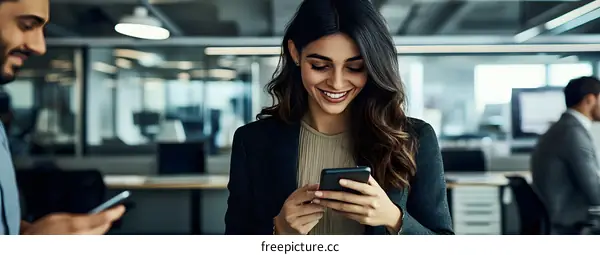 Smiling Woman in Business Attire Using Her Smartphone in an Office