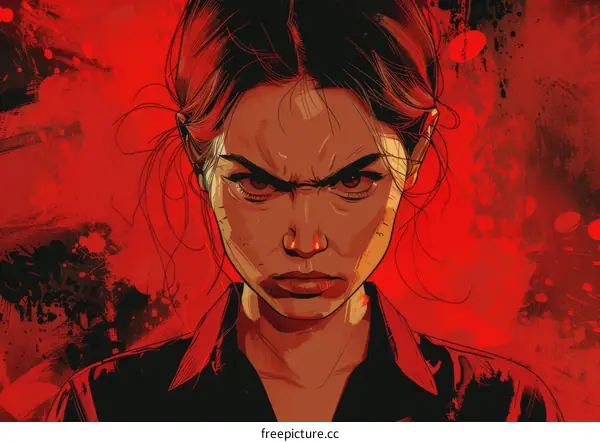 Portrait of a serious looking woman with red background