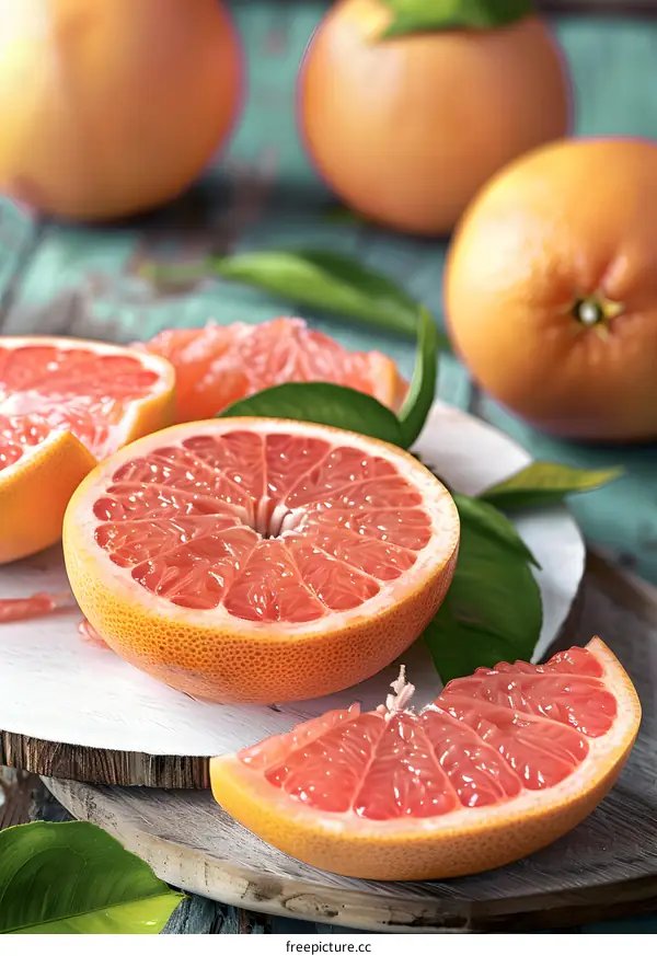 Freshly Sliced Grapefruit with Green Leaves on a Wooden Board
