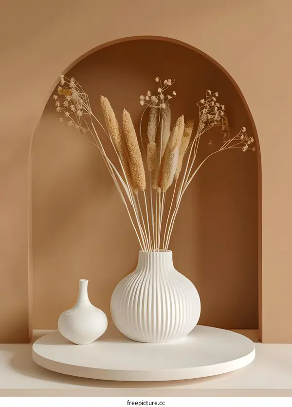 White Vases with Dried Flowers in a Brown Archway