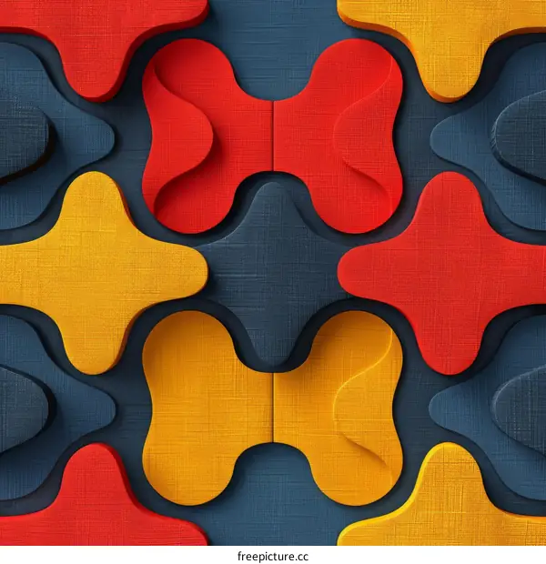 3D rendering of a repeating pattern of interlocking red, yellow, and blue shapes