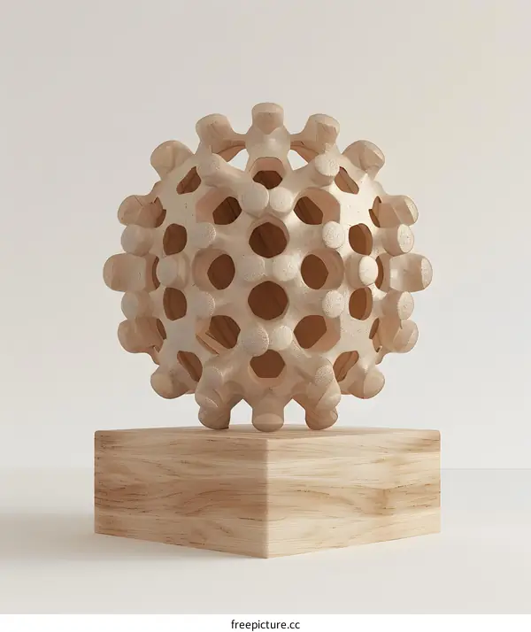 Wooden Geometric Sphere Sculpture on Base