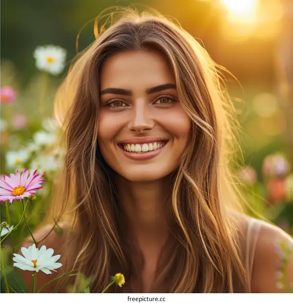 Portrait of a smiling young woman with long brown hair standing in a field of flowers