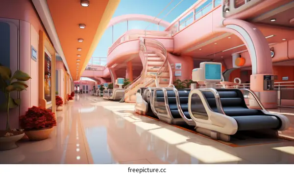 Pink futuristic shopping mall interior with escalators