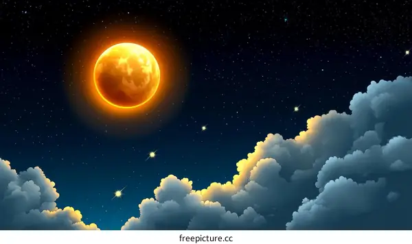 A Night Sky with a Fiery Moon and Clouds