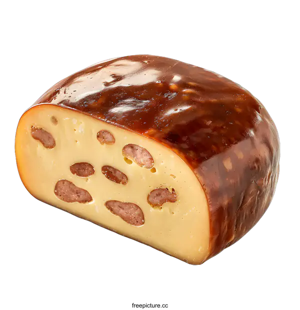 [Transparent Background PNG]Half of cheese wheel with pieces of sausage