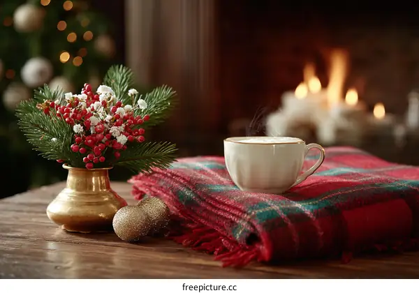 Cozy Christmas Fireplace Decor with Coffee and Blanket