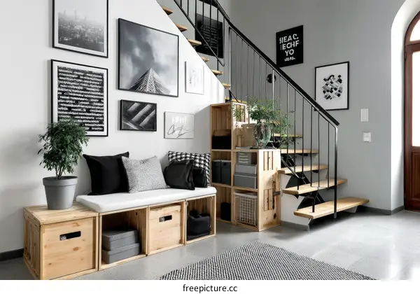 Modern Stairway with Creative Storage and Artistic Decor