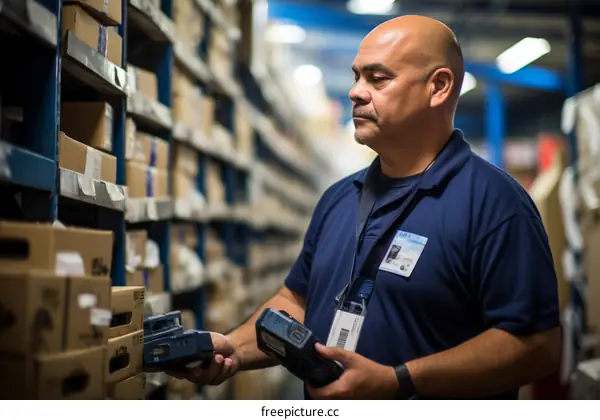 Hispanic warehouse worker scanning a box with a handheld scanner