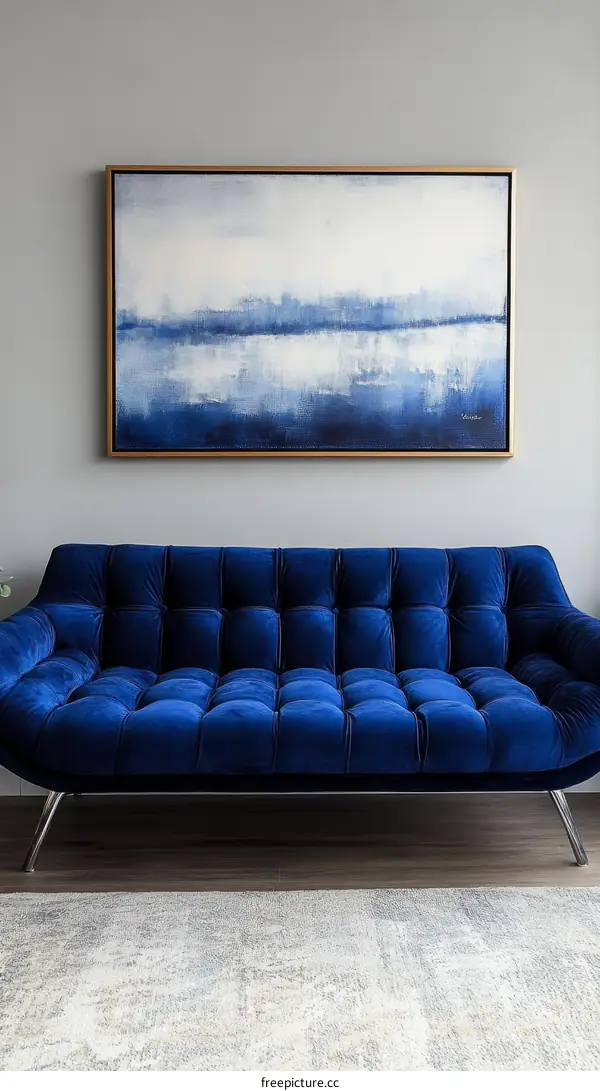 Modern Blue Sofa with Abstract Art
